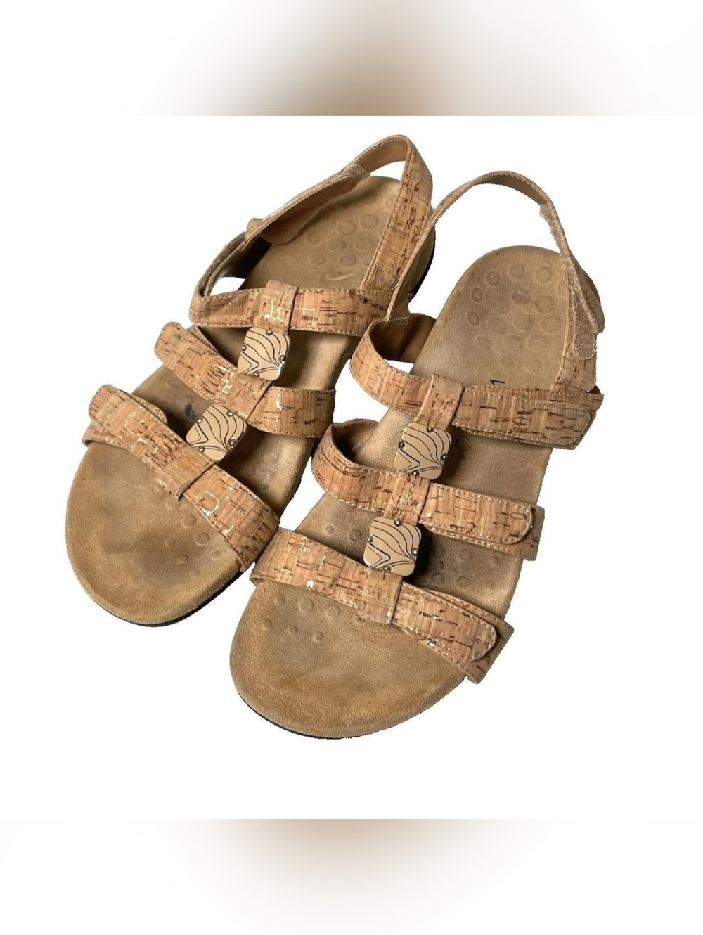 Women's Vionic Amber Sandals Orthaheel Tan Cork Brown Flat Comfort Size 10
